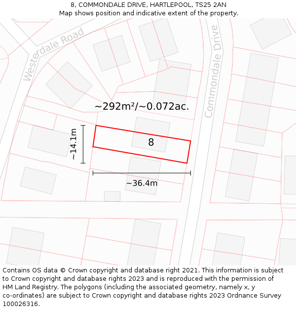 8, COMMONDALE DRIVE, HARTLEPOOL, TS25 2AN: Plot and title map