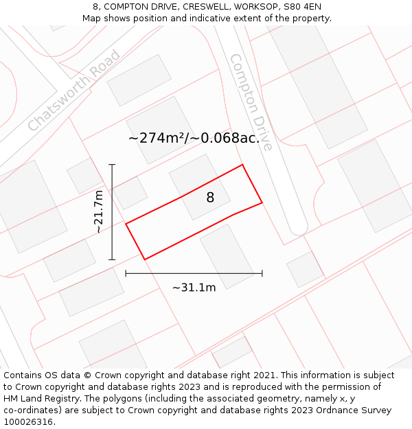 8, COMPTON DRIVE, CRESWELL, WORKSOP, S80 4EN: Plot and title map