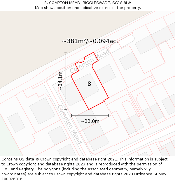 8, COMPTON MEAD, BIGGLESWADE, SG18 8LW: Plot and title map