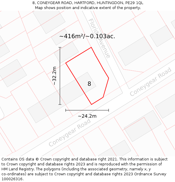 8, CONEYGEAR ROAD, HARTFORD, HUNTINGDON, PE29 1QL: Plot and title map