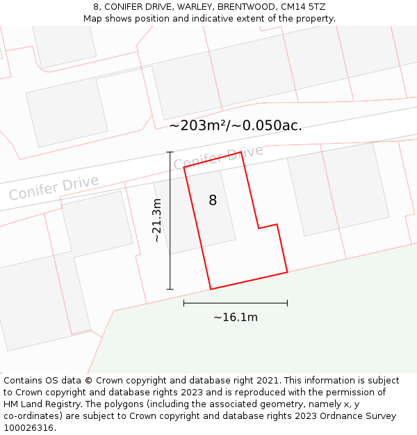 8, CONIFER DRIVE, WARLEY, BRENTWOOD, CM14 5TZ: Plot and title map