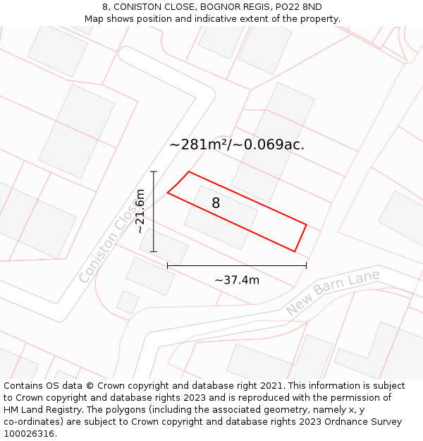 8, CONISTON CLOSE, BOGNOR REGIS, PO22 8ND: Plot and title map