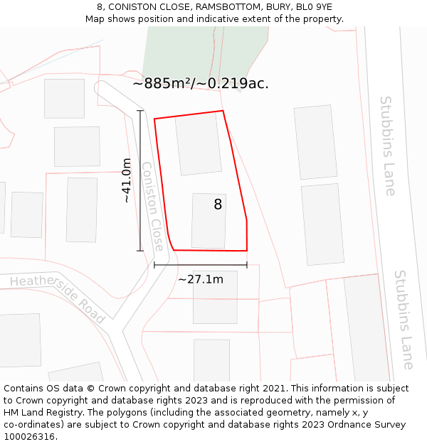 8, CONISTON CLOSE, RAMSBOTTOM, BURY, BL0 9YE: Plot and title map