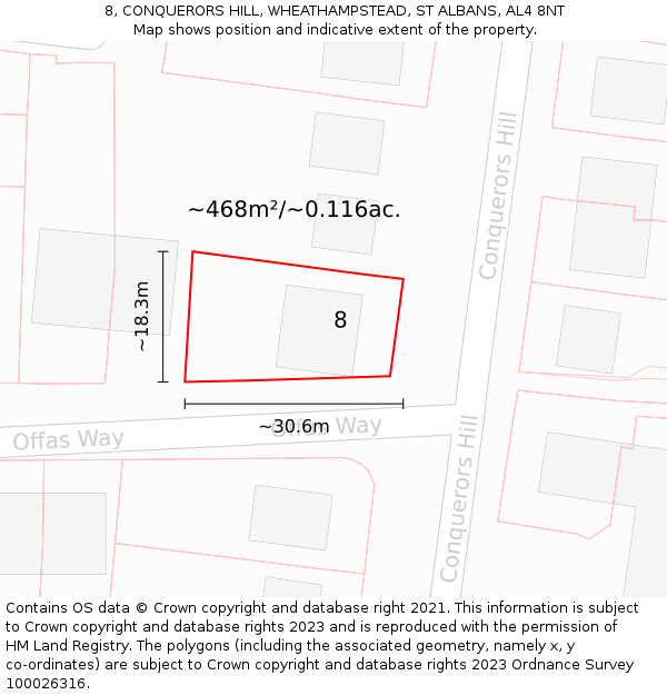 8, CONQUERORS HILL, WHEATHAMPSTEAD, ST ALBANS, AL4 8NT: Plot and title map