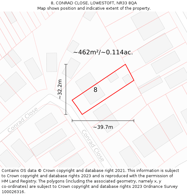 8, CONRAD CLOSE, LOWESTOFT, NR33 8QA: Plot and title map