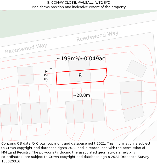 8, CONWY CLOSE, WALSALL, WS2 8YD: Plot and title map