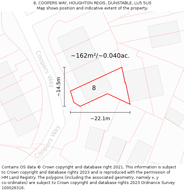 8, COOPERS WAY, HOUGHTON REGIS, DUNSTABLE, LU5 5US: Plot and title map