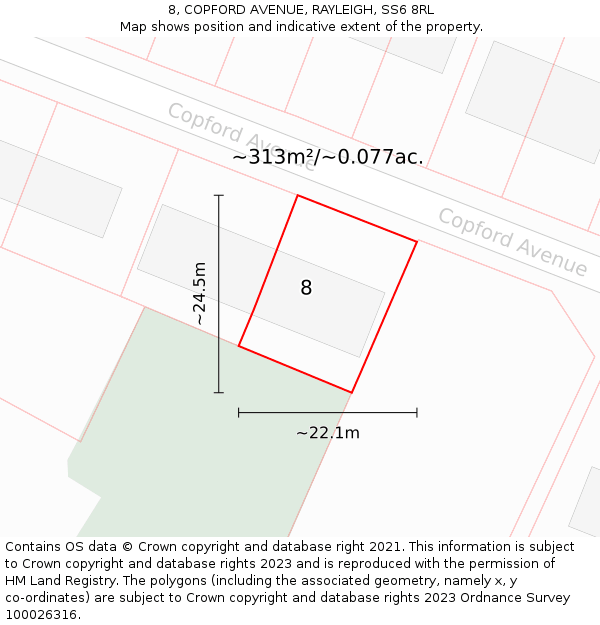8, COPFORD AVENUE, RAYLEIGH, SS6 8RL: Plot and title map