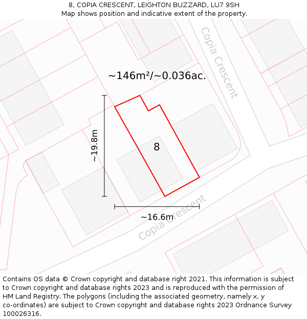 8, COPIA CRESCENT, LEIGHTON BUZZARD, LU7 9SH: Plot and title map