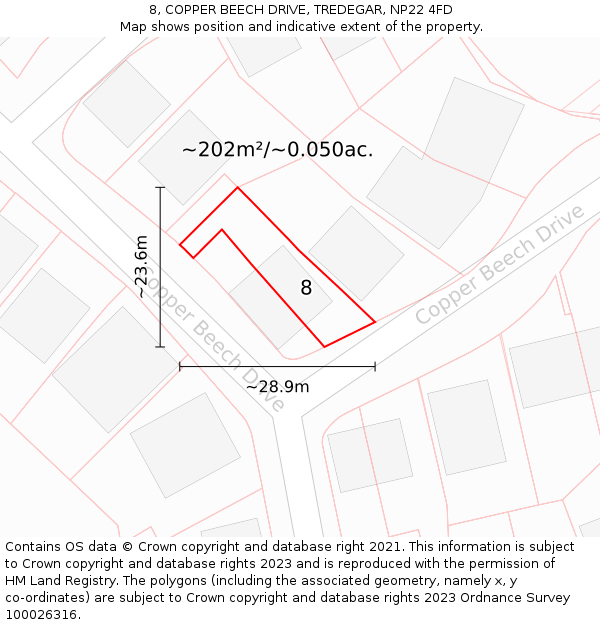 8, COPPER BEECH DRIVE, TREDEGAR, NP22 4FD: Plot and title map
