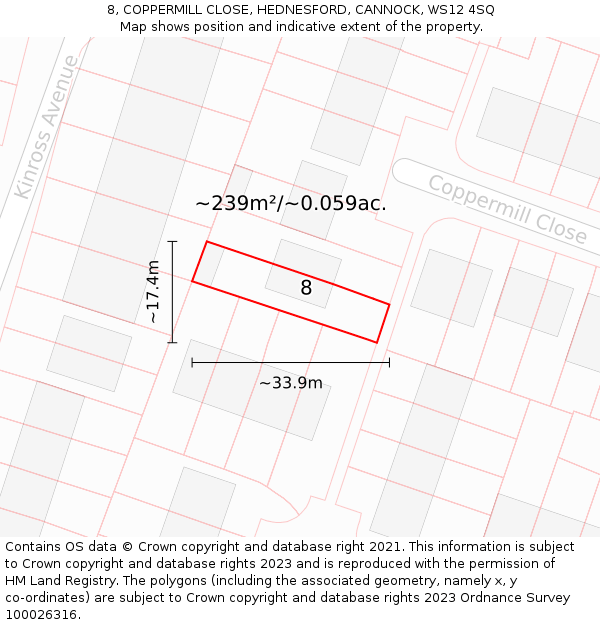 8, COPPERMILL CLOSE, HEDNESFORD, CANNOCK, WS12 4SQ: Plot and title map