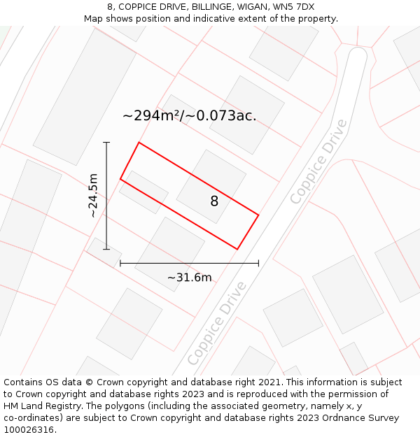 8, COPPICE DRIVE, BILLINGE, WIGAN, WN5 7DX: Plot and title map