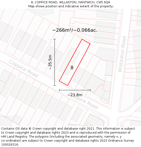8, COPPICE ROAD, WILLASTON, NANTWICH, CW5 6QA: Plot and title map