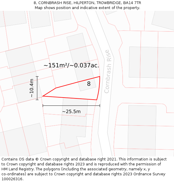 8, CORNBRASH RISE, HILPERTON, TROWBRIDGE, BA14 7TR: Plot and title map