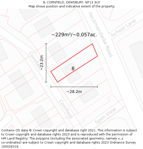 8, CORNFIELD, DEWSBURY, WF13 3UY: Plot and title map