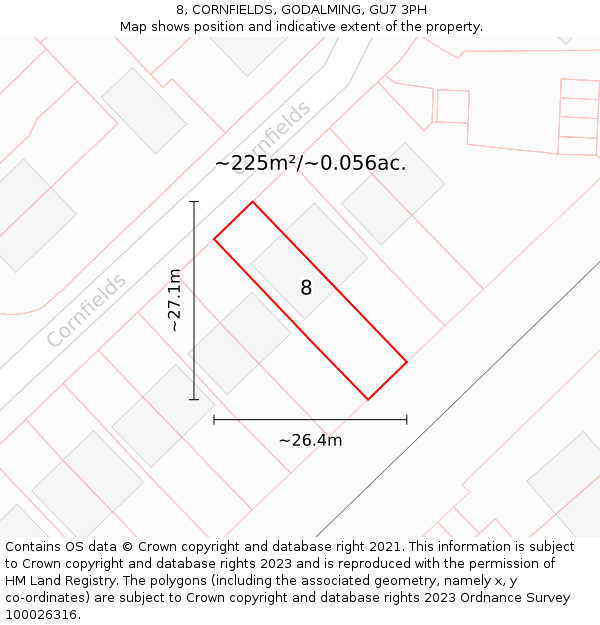 8, CORNFIELDS, GODALMING, GU7 3PH: Plot and title map