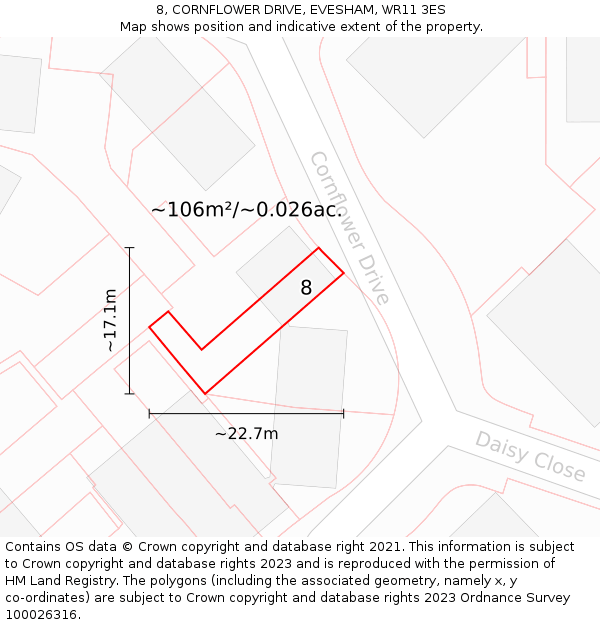 8, CORNFLOWER DRIVE, EVESHAM, WR11 3ES: Plot and title map
