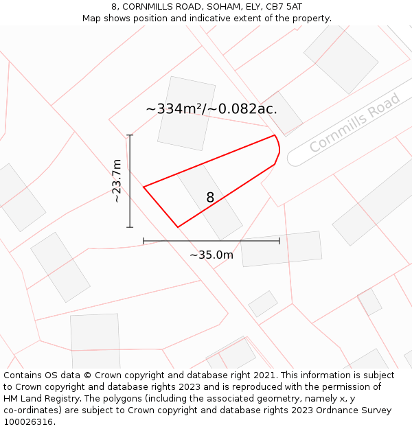 8, CORNMILLS ROAD, SOHAM, ELY, CB7 5AT: Plot and title map