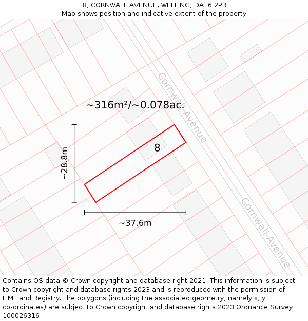 8, CORNWALL AVENUE, WELLING, DA16 2PR: Plot and title map