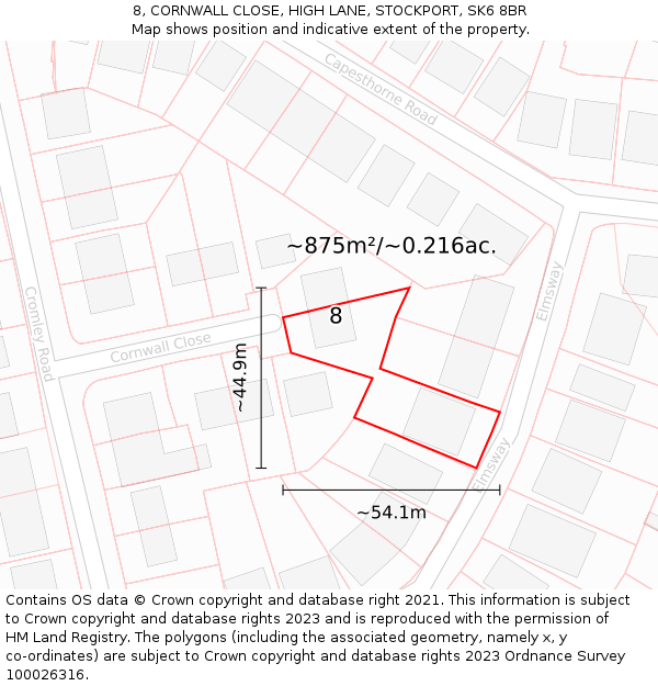 8, CORNWALL CLOSE, HIGH LANE, STOCKPORT, SK6 8BR: Plot and title map