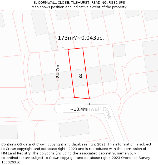 8, CORNWALL CLOSE, TILEHURST, READING, RG31 6FS: Plot and title map