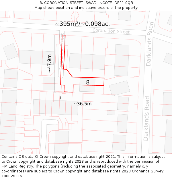 8, CORONATION STREET, SWADLINCOTE, DE11 0QB: Plot and title map