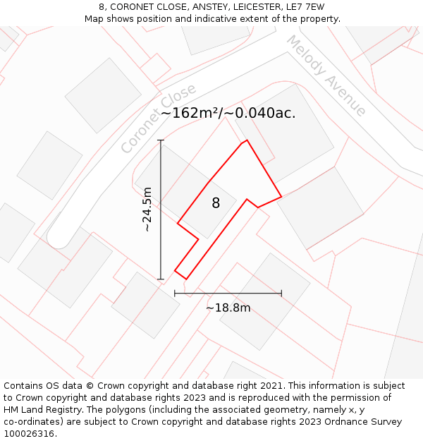 8, CORONET CLOSE, ANSTEY, LEICESTER, LE7 7EW: Plot and title map