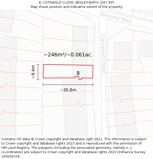 8, COTSWOLD CLOSE, BEXLEYHEATH, DA7 6ST: Plot and title map