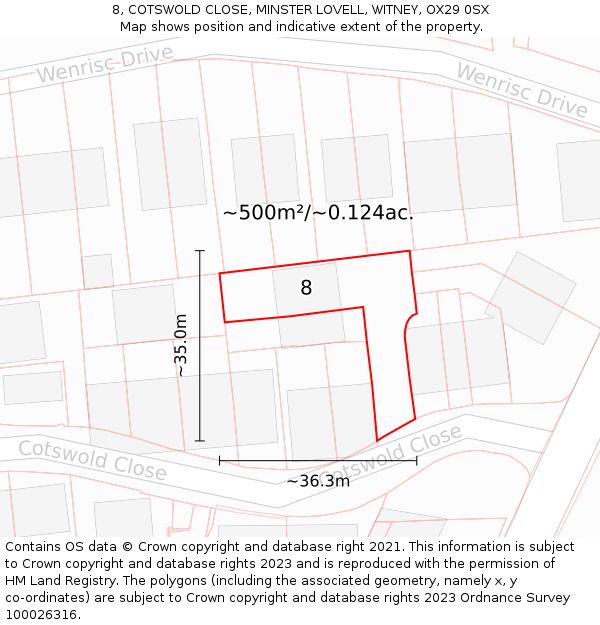 8, COTSWOLD CLOSE, MINSTER LOVELL, WITNEY, OX29 0SX: Plot and title map