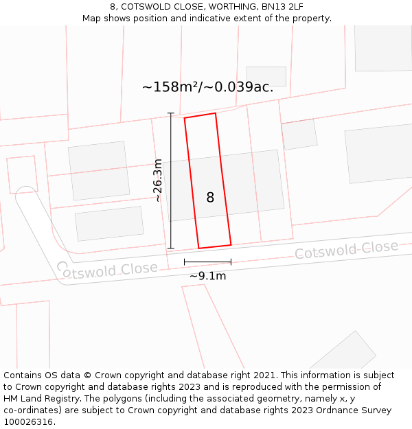 8, COTSWOLD CLOSE, WORTHING, BN13 2LF: Plot and title map