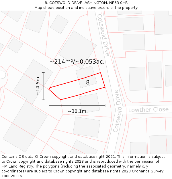 8, COTSWOLD DRIVE, ASHINGTON, NE63 0HR: Plot and title map