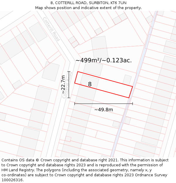 8, COTTERILL ROAD, SURBITON, KT6 7UN: Plot and title map