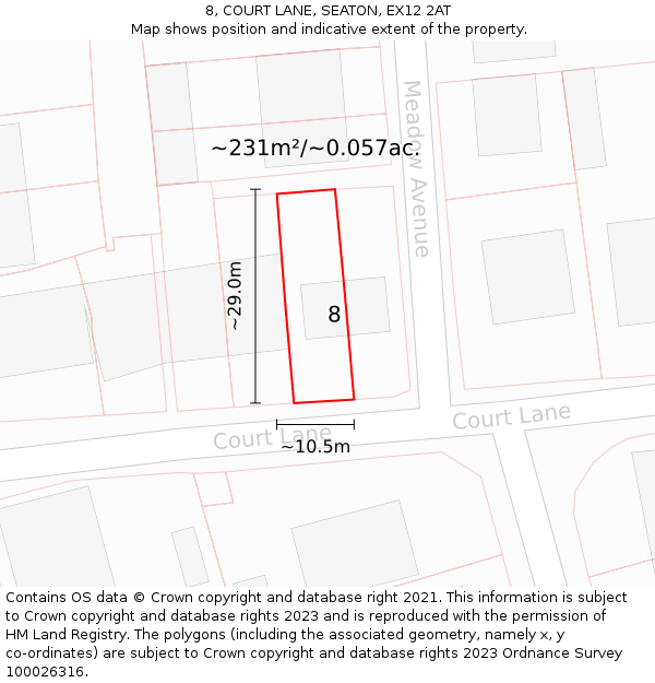 8, COURT LANE, SEATON, EX12 2AT: Plot and title map