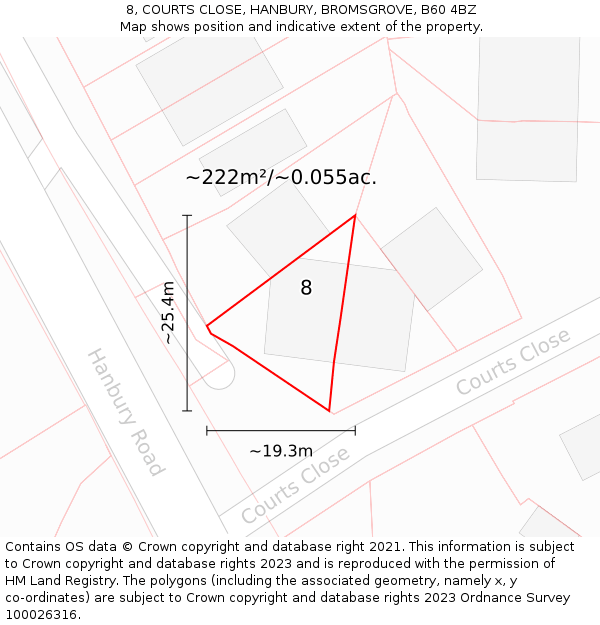 8, COURTS CLOSE, HANBURY, BROMSGROVE, B60 4BZ: Plot and title map
