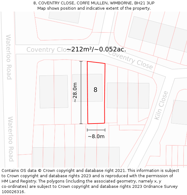 8, COVENTRY CLOSE, CORFE MULLEN, WIMBORNE, BH21 3UP: Plot and title map
