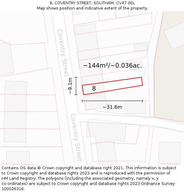 8, COVENTRY STREET, SOUTHAM, CV47 0EL: Plot and title map