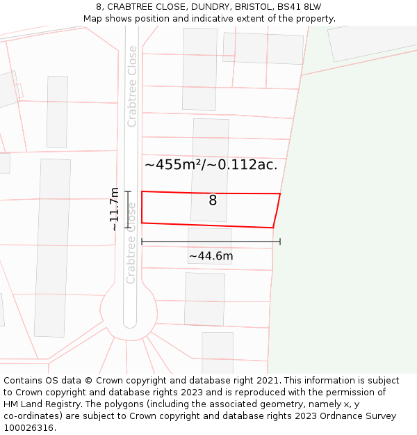 8, CRABTREE CLOSE, DUNDRY, BRISTOL, BS41 8LW: Plot and title map