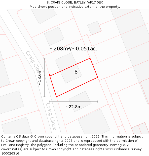 8, CRAIG CLOSE, BATLEY, WF17 0EX: Plot and title map