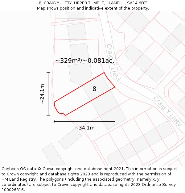 8, CRAIG Y LLETY, UPPER TUMBLE, LLANELLI, SA14 6BZ: Plot and title map