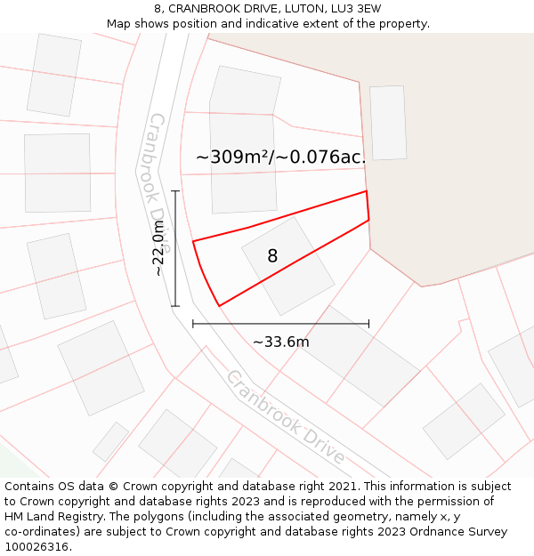 8, CRANBROOK DRIVE, LUTON, LU3 3EW: Plot and title map