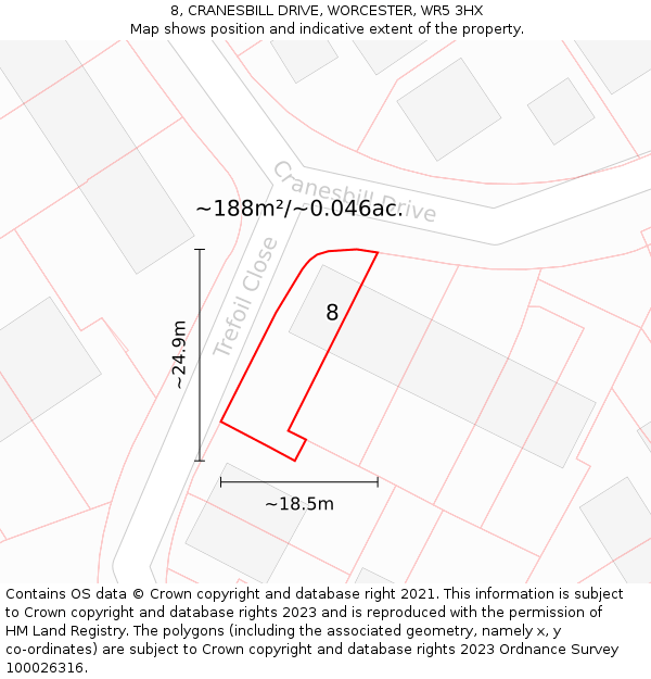8, CRANESBILL DRIVE, WORCESTER, WR5 3HX: Plot and title map