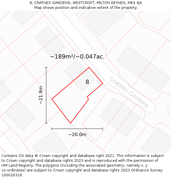8, CRATHES GARDENS, WESTCROFT, MILTON KEYNES, MK4 4JX: Plot and title map