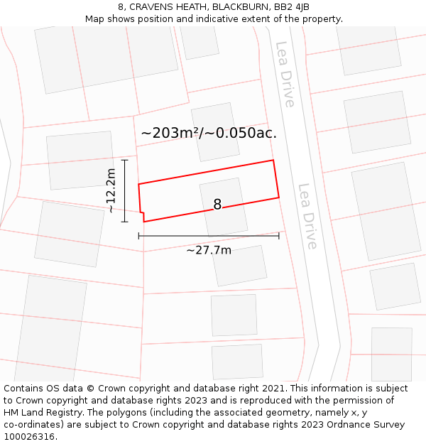 8, CRAVENS HEATH, BLACKBURN, BB2 4JB: Plot and title map