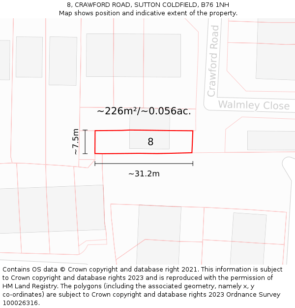 8, CRAWFORD ROAD, SUTTON COLDFIELD, B76 1NH: Plot and title map