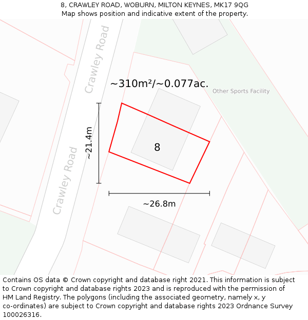 8, CRAWLEY ROAD, WOBURN, MILTON KEYNES, MK17 9QG: Plot and title map
