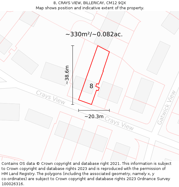 8, CRAYS VIEW, BILLERICAY, CM12 9QX: Plot and title map