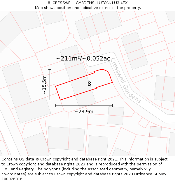 8, CRESSWELL GARDENS, LUTON, LU3 4EX: Plot and title map
