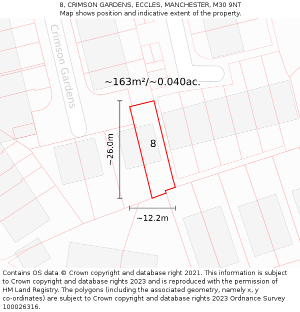 8, CRIMSON GARDENS, ECCLES, MANCHESTER, M30 9NT: Plot and title map