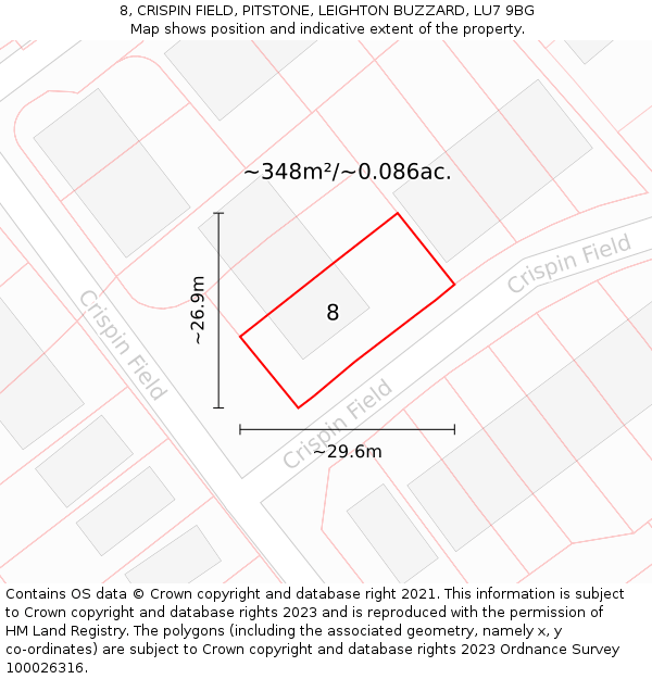8, CRISPIN FIELD, PITSTONE, LEIGHTON BUZZARD, LU7 9BG: Plot and title map