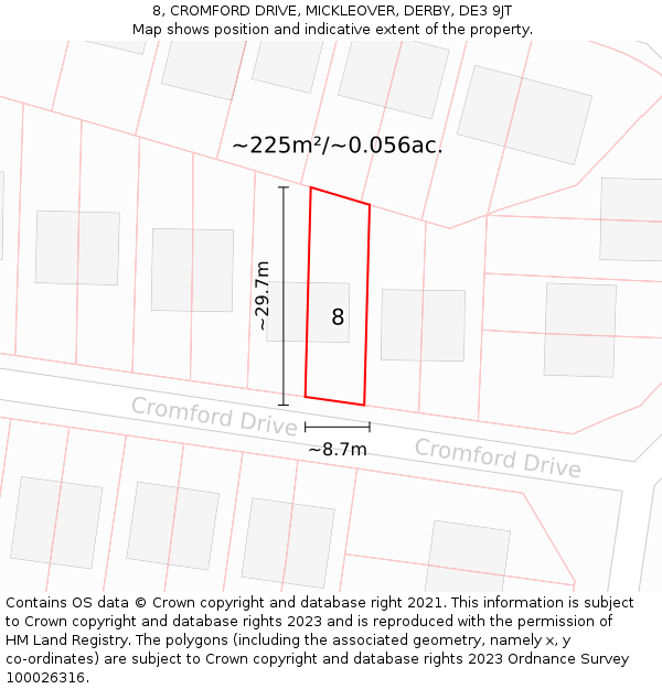 8, CROMFORD DRIVE, MICKLEOVER, DERBY, DE3 9JT: Plot and title map